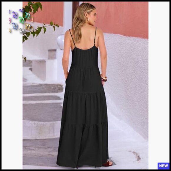 Boho Maxi Dress Oversized Tiered Flowy Summer Casual Spaghetti Strap Sundress - Picture 5 of 7